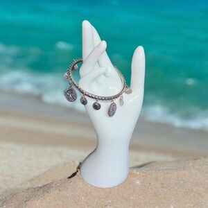 Silver Tone Coin Dangle Bangle Token Bracelet Perforated W/ Ancient Roman Style